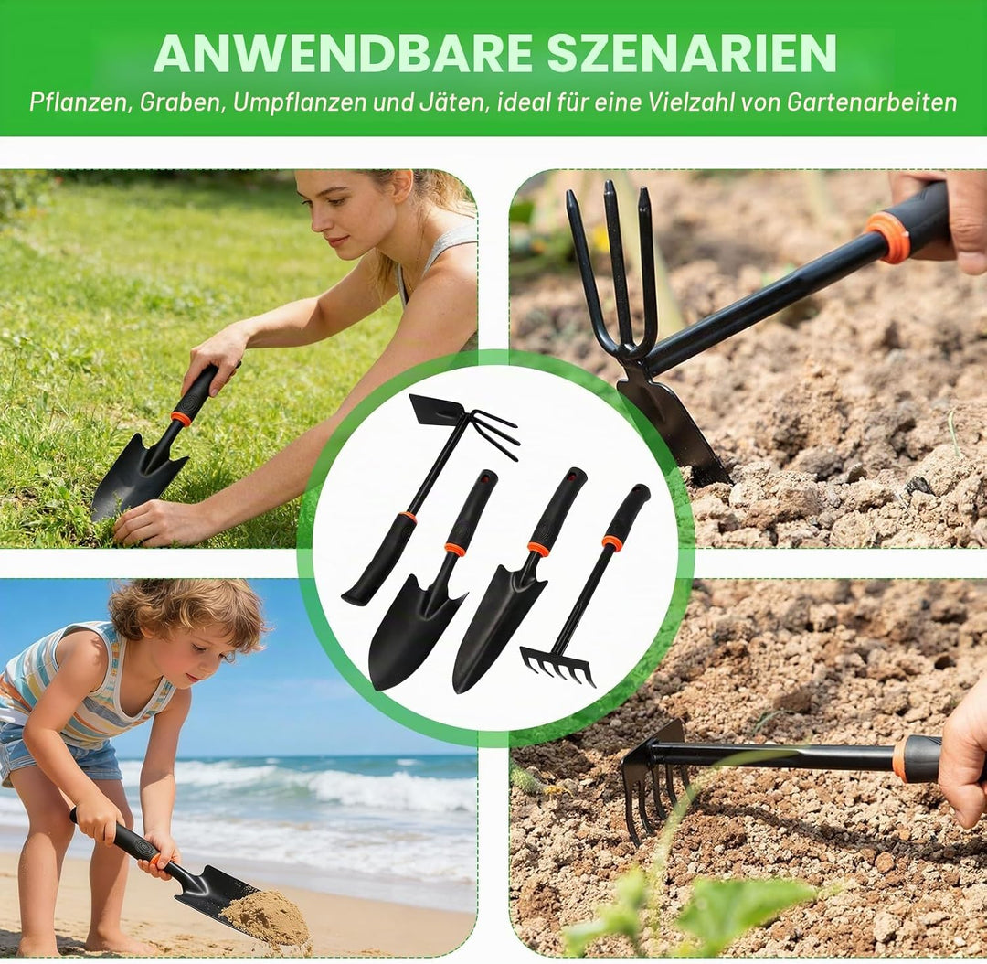 4 Stück Schwarzer Breite und schmale Gartenschaufel, Gartengeräte Set für Gartenpflege aus Stahl Kle