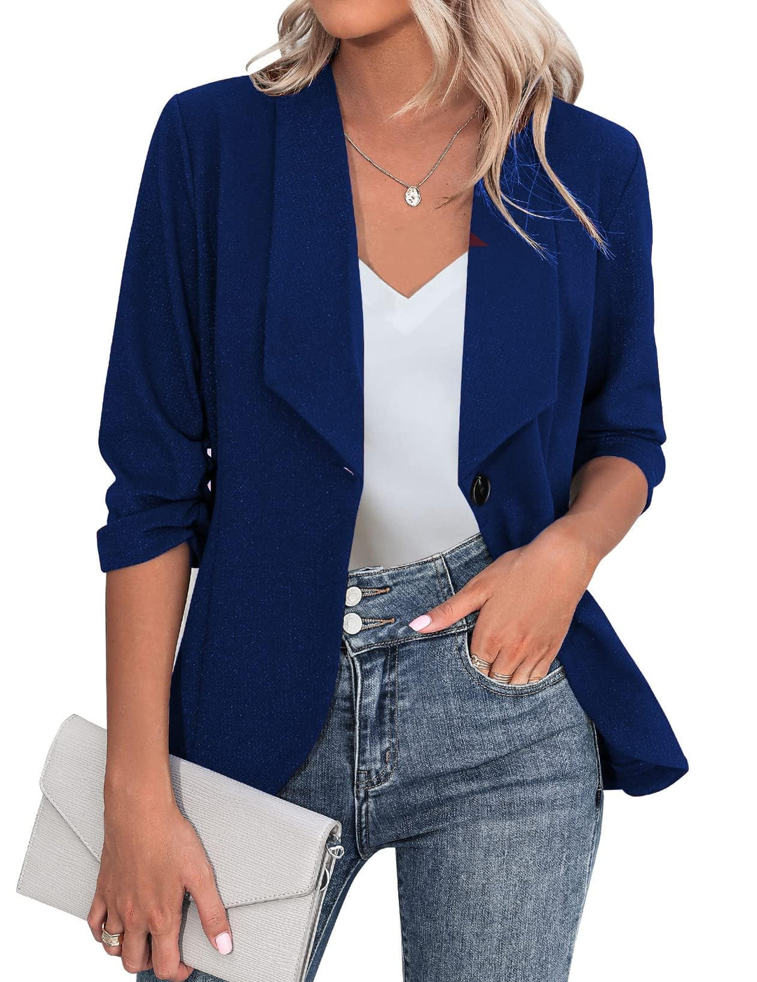 Zeagoo Damen Blazer Elegant 3/4 Arm Business Longblazer Slim Fit Revers Blazer Sakko Casual Arbeit B