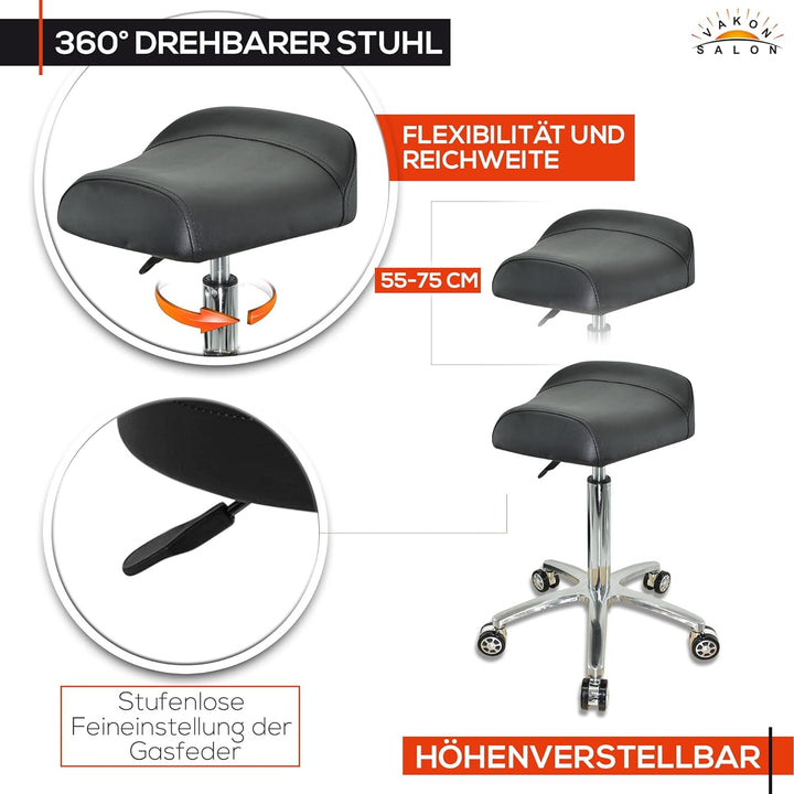 VAKON SALON - Breitsitz Arbeitshocker auf Rollen, höhenverstellbar von 55-75 cm - Drehhocker, Rollho