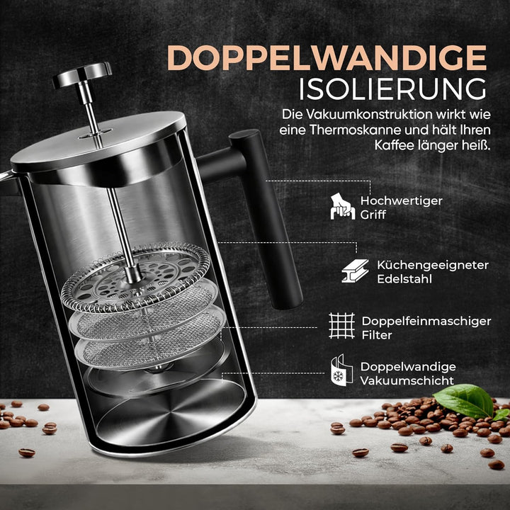 French Press Kaffeekanne aus doppelwandigem Edelstahl Schwarze Pressfilterkanne Französische Kaffeep
