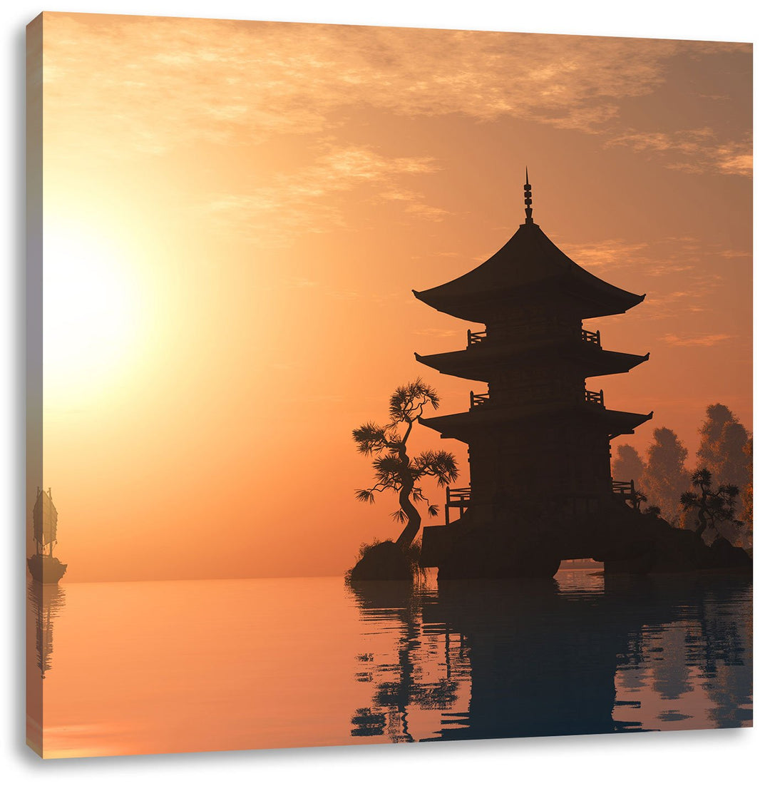 Chinesisches Haus am See, Format: 70x70 als Leinwandbild, tolle Bilder fertig auf Holzrahmen gespann