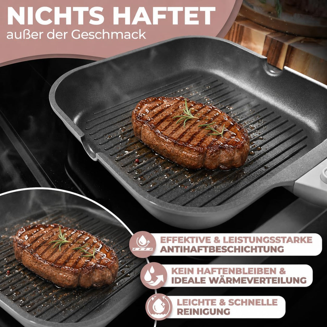 NEU Grillpfanne 28 cm mit Ausguss &amp; abnehmbarem Griff, Antihaftbeschichtung, PFOA-frei, für Induktio