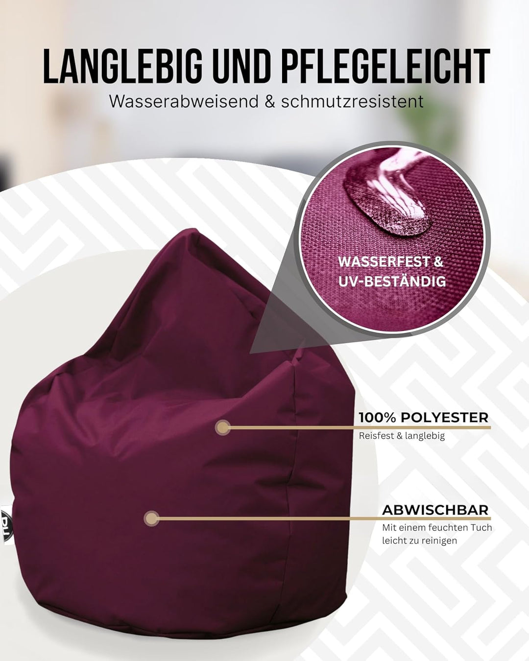 PATCH HOME Patchhome Sitzsack Tropfenform mit Reissverschluss Nachfüllbar - für In &amp; Outdoor - mit S