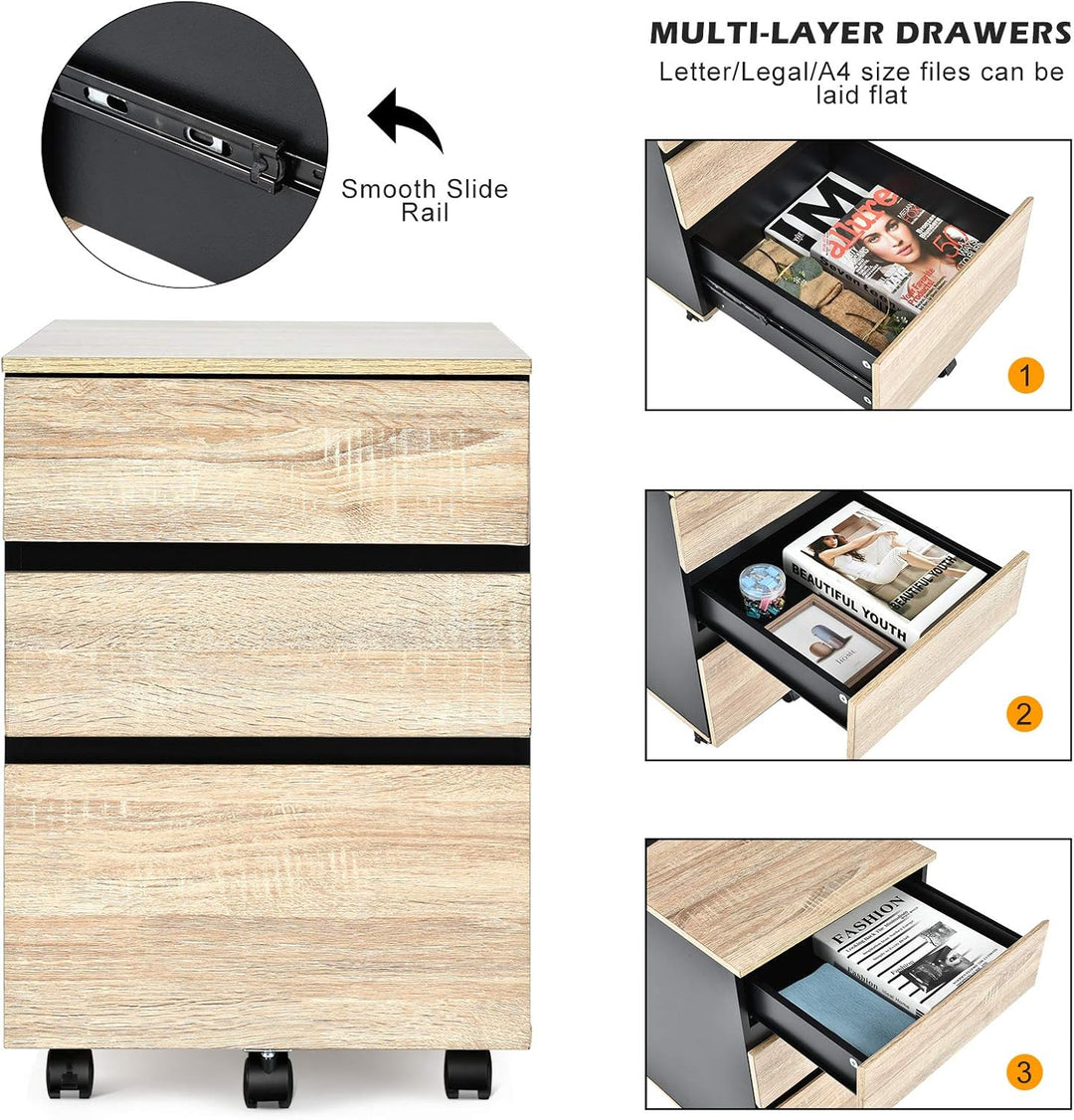 GIANTEX Rollcontainer auf Rollen, Aktenschrank 3 Schubladen, Büroschrank Dokumente Schrank rollbar m