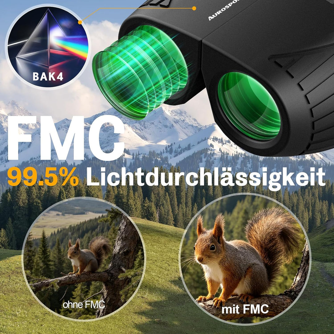 Aurosports Fernglas 15x25 Kompakt Fernglas für Kinder Erwachsene Ferngläser | Klein, Hochauflösend,