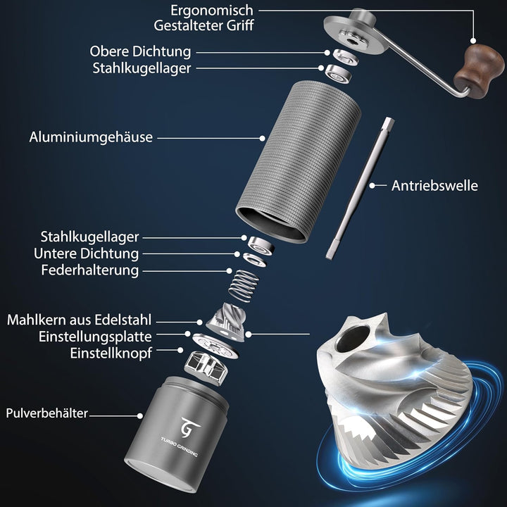 SUNYA Kaffeemühle Manuell mit Kaffeerezeptbuch - Edelstahl Handkaffeemühle mit Kegelmahlwerk Mahlgra