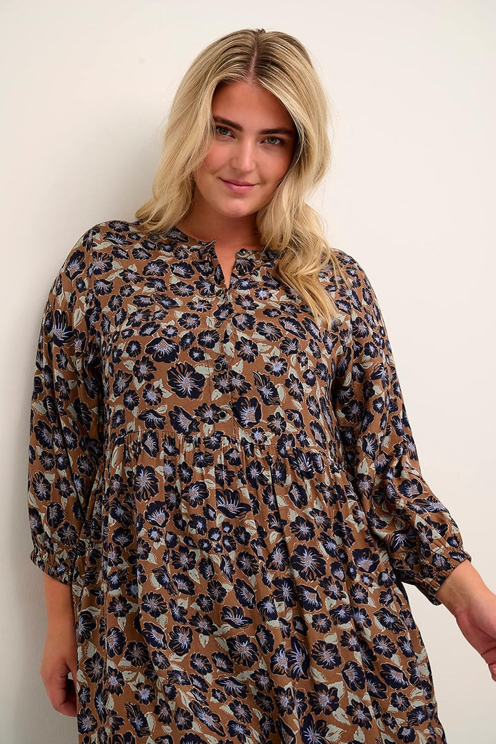 KAFFE CURVE Kleid Grosse Grössen Damen 3/4 Arm V-Ausschnitt Kleid Grosse Grössen Damen 3/4 Arm V-Aus