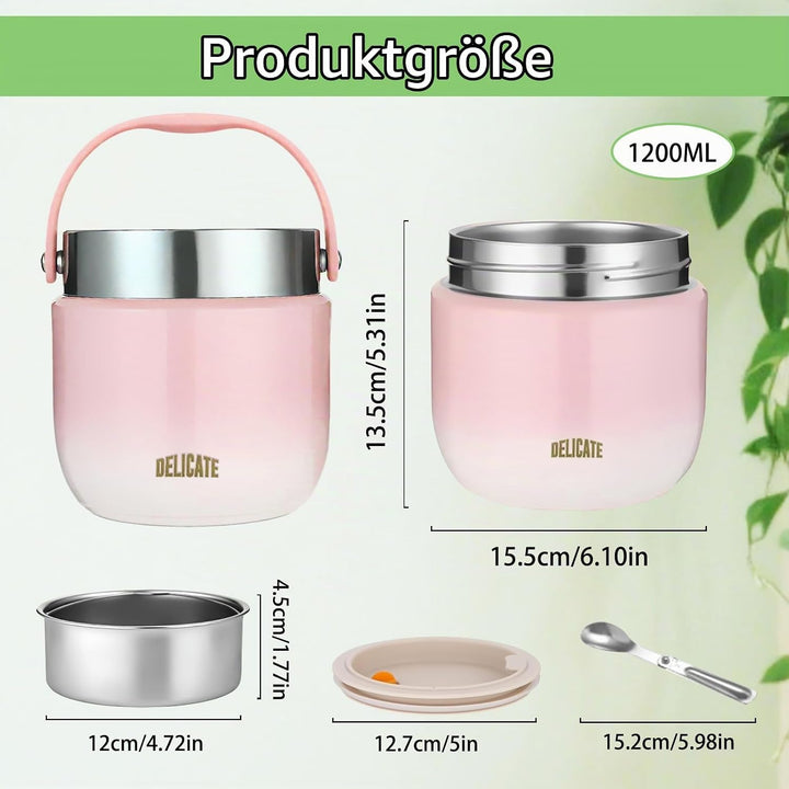 Thermobehälter für Essen 1200ml Edelstahl Warmhaltebehälter mit Faltbaren Löffel Thermobecher Essen