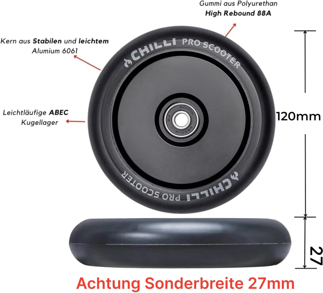 Chilli Pro Scooter Hollowcore Rolle Sondergrösse FAT 120 x 27mm I Rollstuhl Sport Lenkrollen I Hobby