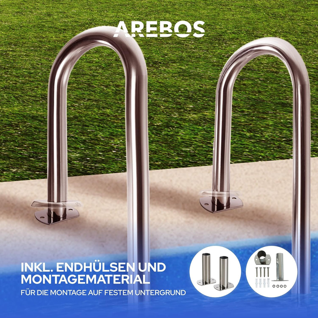 Arebos Edelstahl Poolleiter | inkl. Kunststoffbolzen, Flanschrohr und Montagematerial | 2 Montagemög