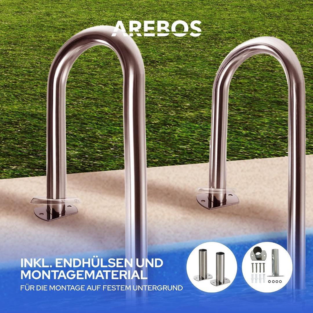 Arebos Edelstahl Poolleiter | inkl. Kunststoffbolzen, Flanschrohr und Montagematerial | 2 Montagemög