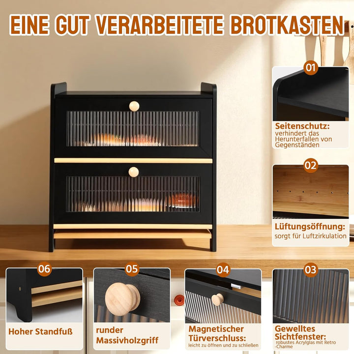 HAUSPROFI Brotkasten Bambus 2 Etagen, Brotkästen Holz mit Schneidebrett Belüftung Gewelltes Sichtbar