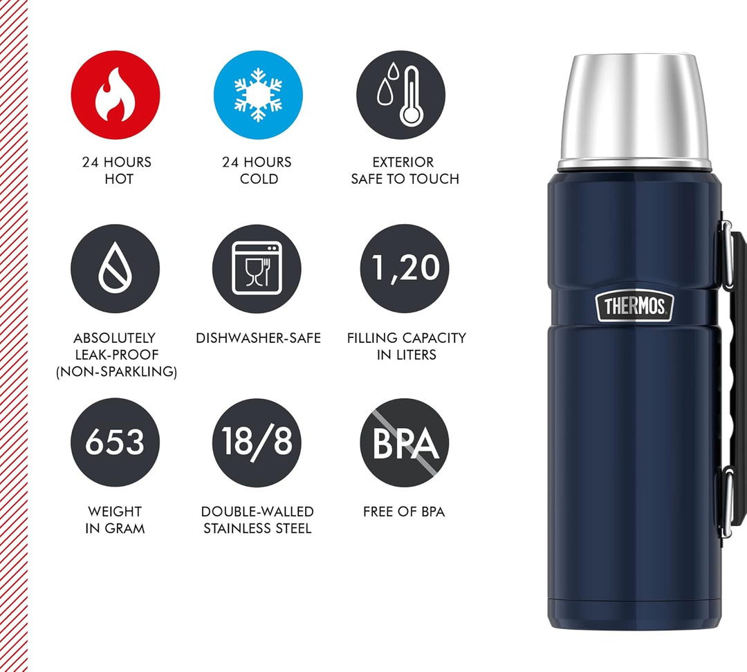 Thermos Stainless King Thermosflasche blau 1,20l - Edelstahl, absolut dicht, mit Trinkbecher und Gri