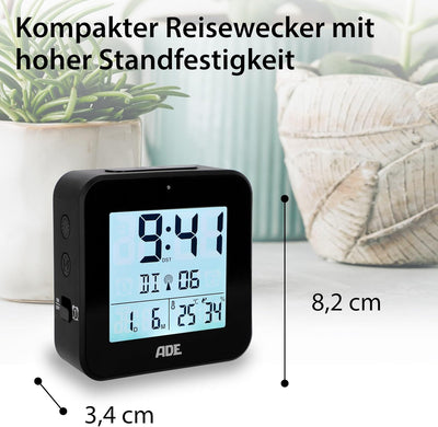 ADE Funkwecker digital mit Batterie | 2 Weckzeiten | Temperaturanzeige | Luftfeuchtigkeit | Reisewec