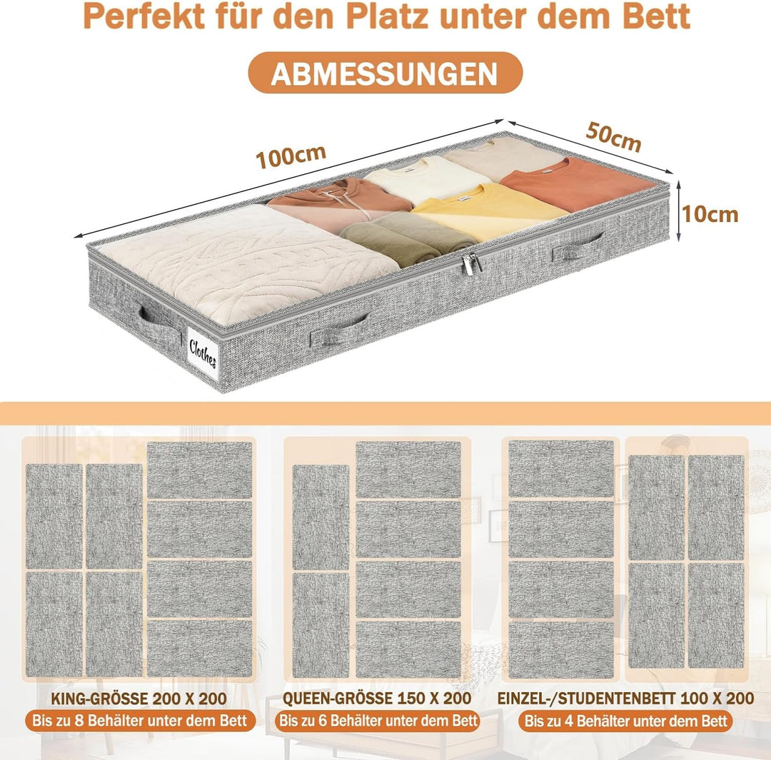 4 Stück Unterbett Aufbewahrungsbox,10cm hoch Unterbettkommode mit klarem Deckel, Faltbare Kleiderauf