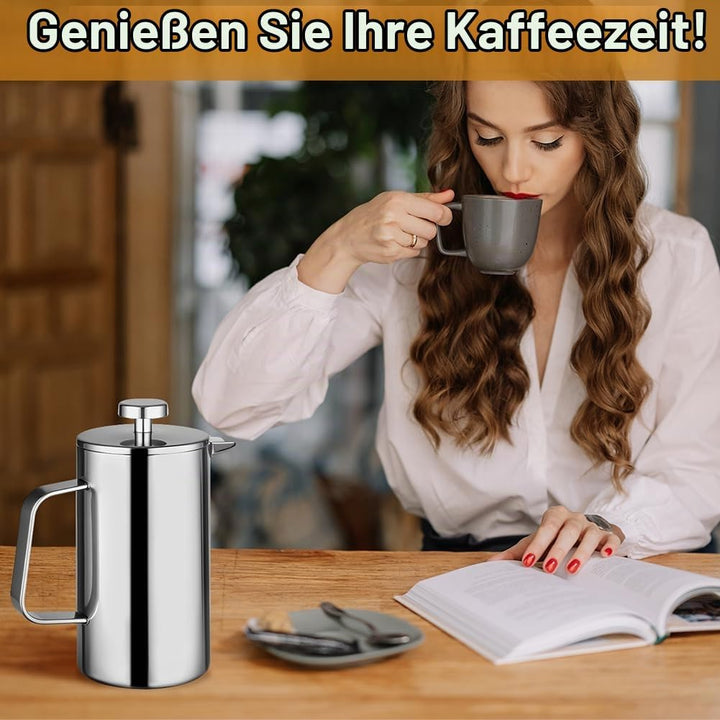 HOTUT French Press Kaffeebereiter, 350 ml Edelstahl Französische Presse mit Löffel, Ersatzfilter, Kl