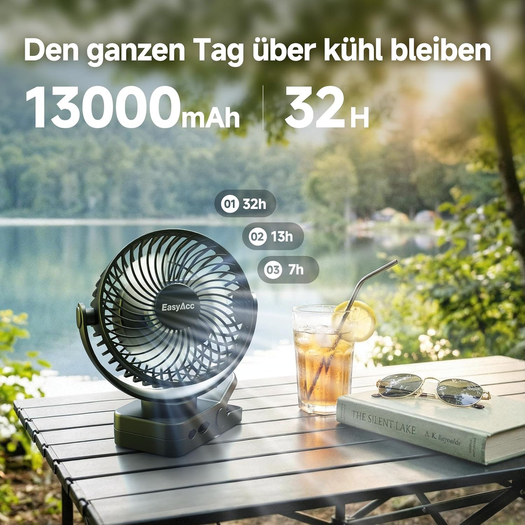 EasyAcc Tragbarer Clip-Ventilator mit LED-Licht und Magnetfuss – 13000mAh USB Wiederaufladbarer Zelt