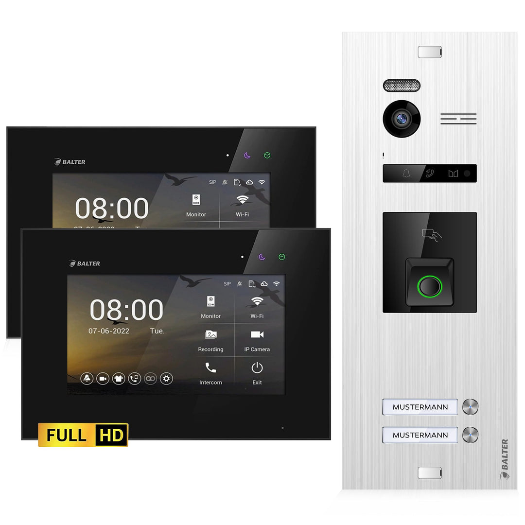 Balter EVO-HD Video Türsprechanlage mit Fingerprint, Video Türklingel, 2 Familienhaus, 1x 7 Zoll Mon
