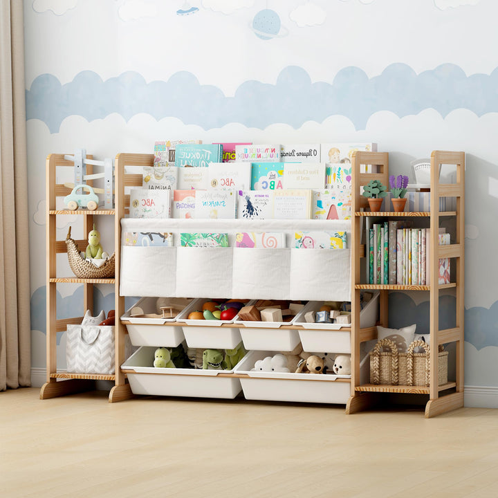 Kinderregal mit 6 Herausnehmbaren Aufbewahrungsboxen, 6 offenen Fächern und Oxford-Stoff Fächern, Bü