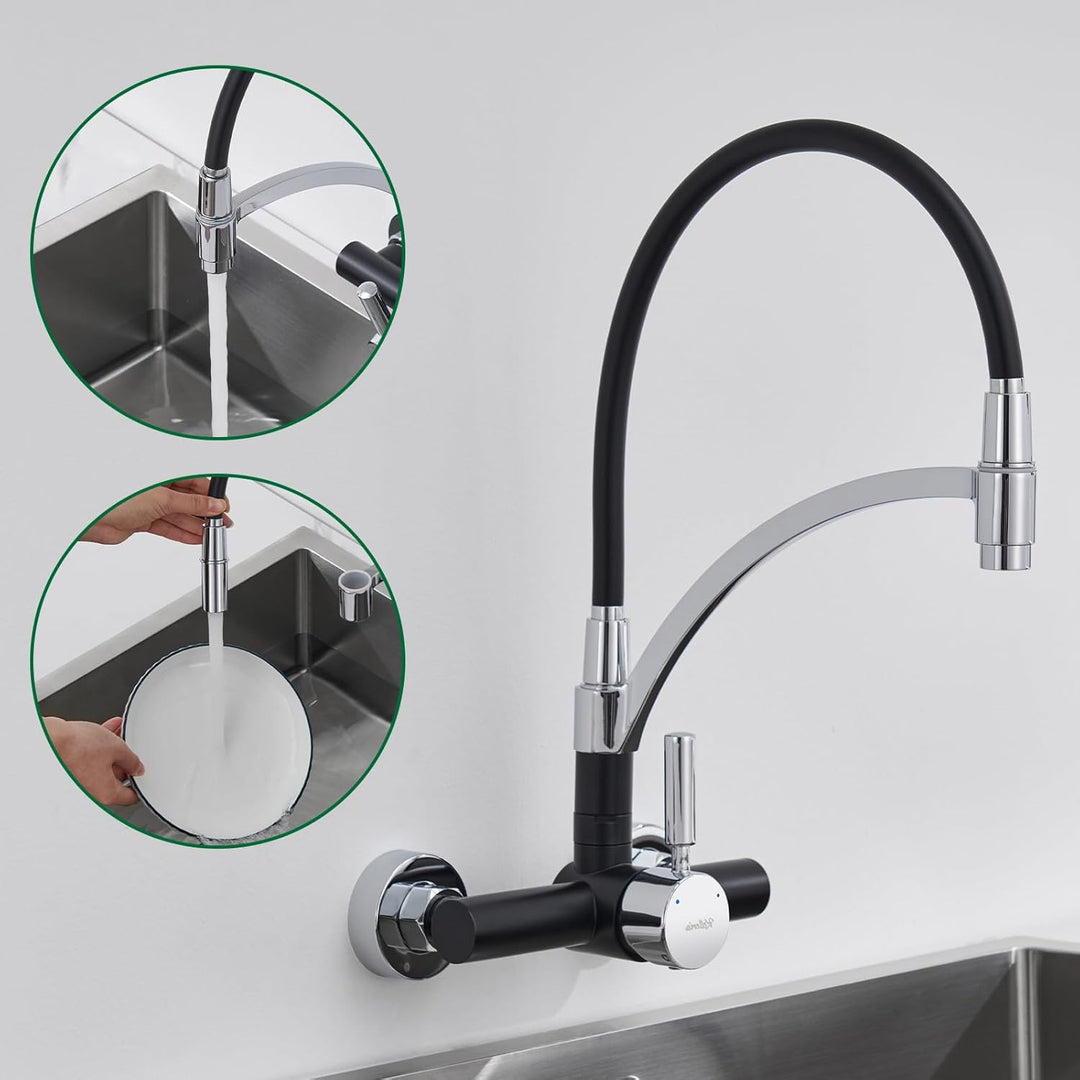 Flexibler Wasserhahn Küche Wandmontage, Edelstahl Wandarmatur 180° Drehbar mit Flexiblem Silikon-Aus