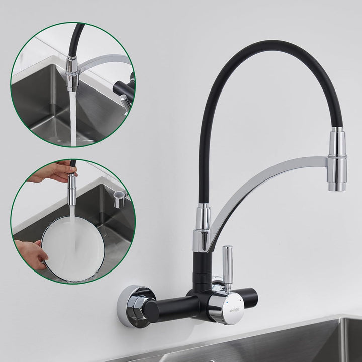 Flexibler Wasserhahn Küche Wandmontage, Edelstahl Wandarmatur 180° Drehbar mit Flexiblem Silikon-Aus