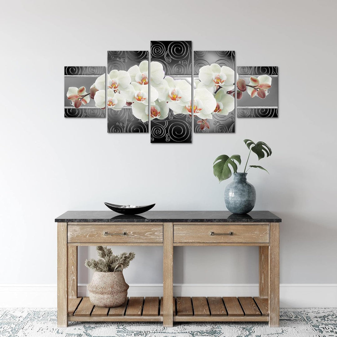 Runa Art Wandbilder Blumen Orchidee 5 Teilig Bild auf Vlies Leinwand Deko Wohnzimmer Abstrakt Grau W