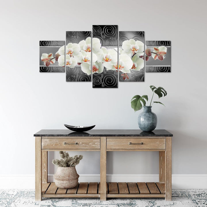Runa Art Wandbilder Blumen Orchidee 5 Teilig Bild auf Vlies Leinwand Deko Wohnzimmer Abstrakt Grau W