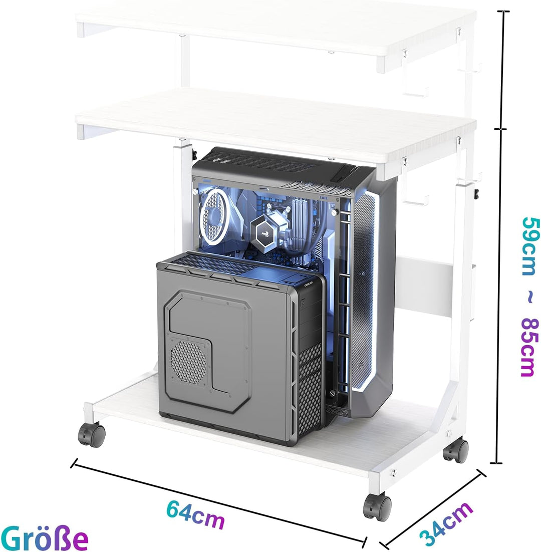 Höhenverstellbarer PC Ständer mit Rollen, 2 Haken, 2-stufig | Computer Tower Ständer, Druckerständer