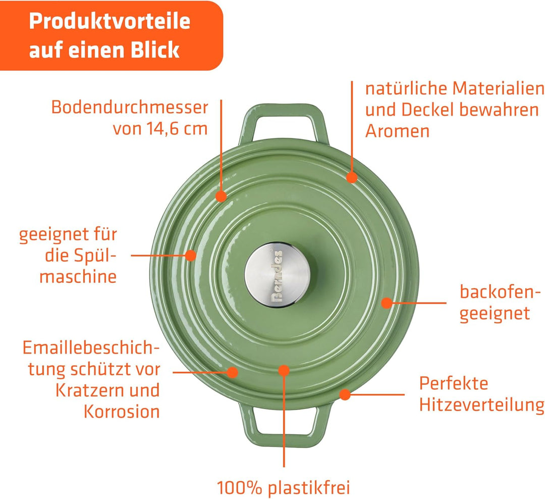 Berndes b.iron green Schmortopf aus Gusseisen 2 m 20 cm mit Deckel Bräter 20 cm grün, Bräter 20 cm g