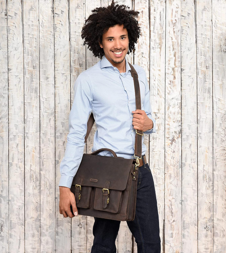 LEABAGS Leder Aktentasche Herren &amp; Damen I Echtleder Laptoptasche bis 15 Zoll I Umhängetasche mit Sc