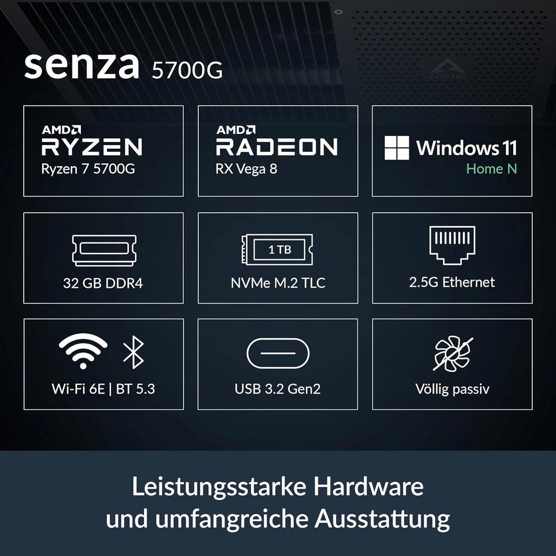 ARCTIC Senza 5700G - Passiv gekühlter, lautloser PC zur Montage unter dem Tisch, Windows 11 Home, AM