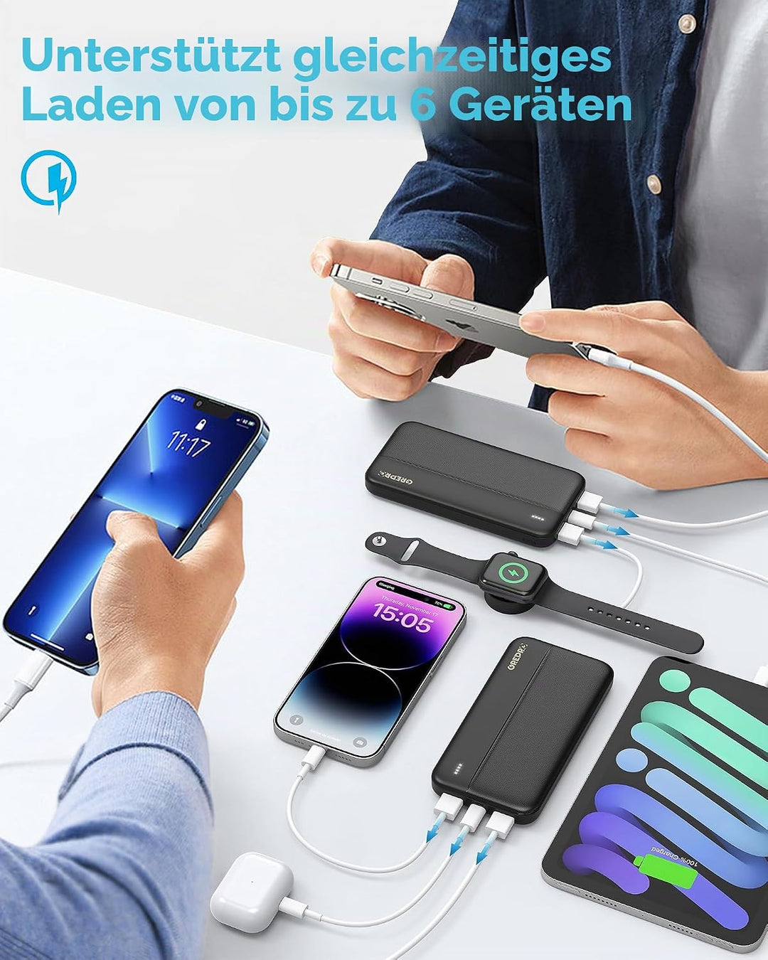 GREPRO Power Bank 10000mAh 2 Stück, 2×USB‑A‑ und USB‑C‑Ausgangsanschlüssen Schwarz-Schwarz, Schwarz-