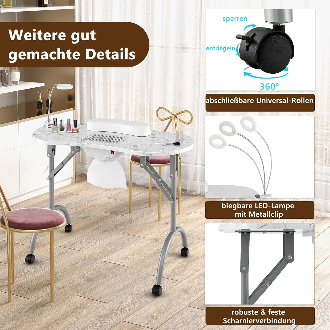 GOPLUS Nageltisch faltbar, Maniküre Tisch mit Absaugung, 3 modi LED Tischlampe, Handgelenkkissen, Tr
