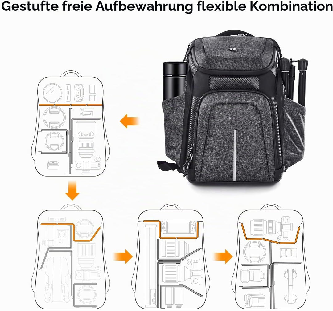 K&amp;F Concept Wasserdichter Professioneller Kamerarucksack,Fotorucksack für 2 Kameras und 15,6 Zoll La