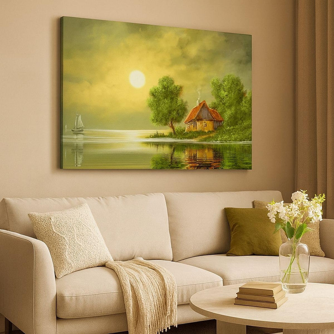 Bilder auf Leinwand 100x70cm Leinwandbild mit Rahmen Boot Wasser Hütte Gross Wanddeko Bild Schlafzim