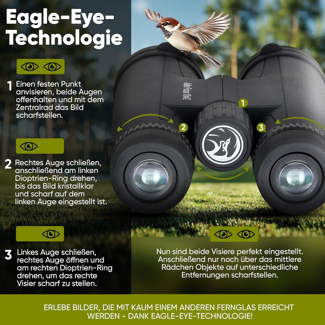 Adler Focus Fernglas 10x42 für Erwachsene, Eagle-Eye-Technologie, 18mm HD Augenmuschel, BAK4+FMC, Fe