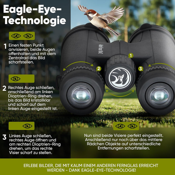 Adler Focus Fernglas 10x42 für Erwachsene, Eagle-Eye-Technologie, 18mm HD Augenmuschel, BAK4+FMC, Fe