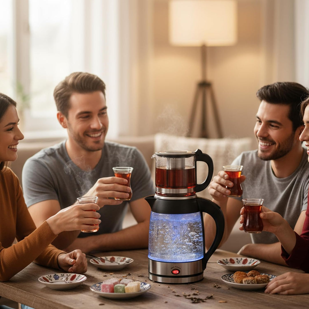Siberg Teekocher Set 3-in-1 – Türkische Teemaschine mit 1,8L Wasserkocher, 800ml Glaskanne, 2200W Le
