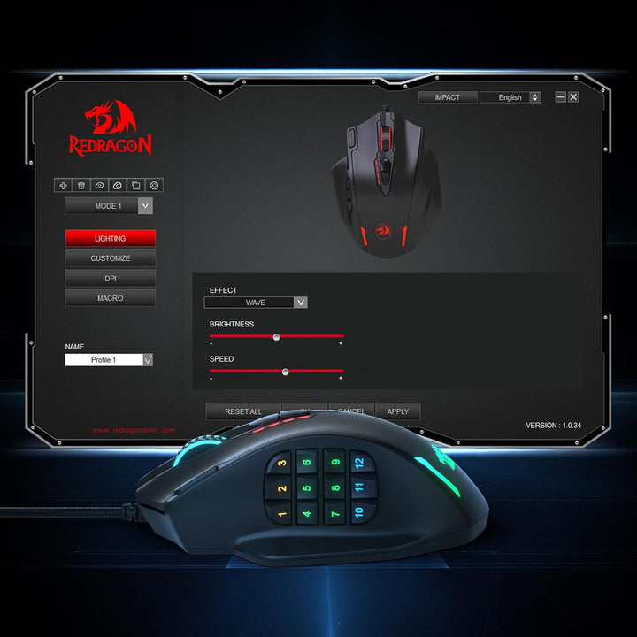Redragon M908 Impact RGB LED MMO Maus USB Laser Gaming Maus mit 12400dpi, Hohe Präzision, 20 program