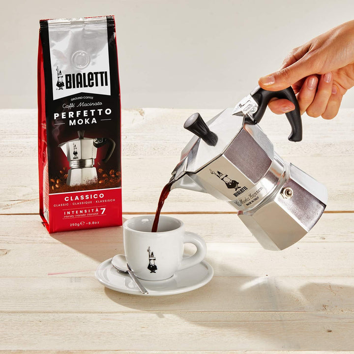 Bialetti Moka Express Espressokocher, Aluminium, Grau, 6 Tassen Perfetto Moka (der ideale Kaffee für