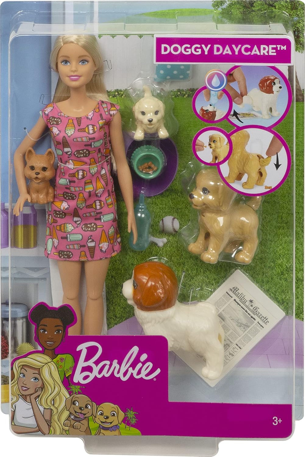 Barbie FXH08 - Hundesitterin, blond, Spielset mit 4 Hunden, mit einem Häufchen machenden und einem P