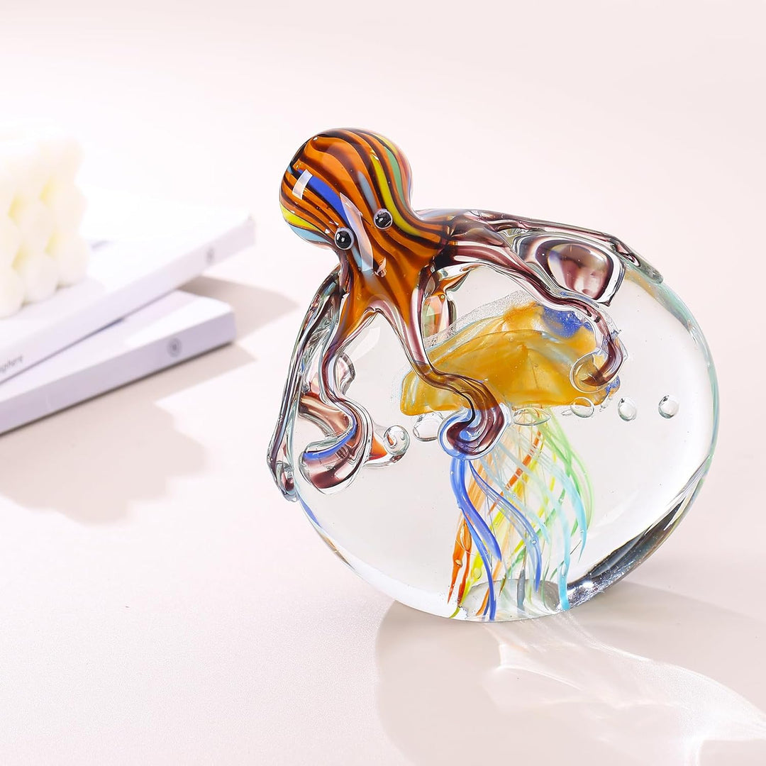 LCCCK Glas-Oktopus-Quallen-Statue – mundgeblasenes Glasdekor – Ozean-Figuren – Büro-Schreibtisch-Bri