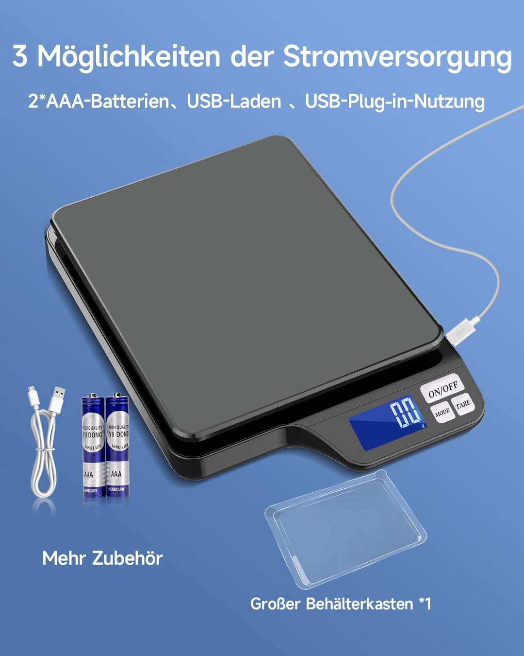 Küchenwaage Digital USB-Aufladung, 5KG/0.1g Tara Funktion, Waage küchen mit Grosser Edelstahl Küchen
