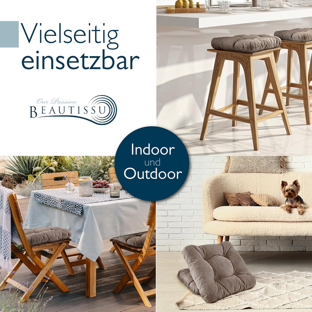 Beautissu 4er Set Premium Stuhlkissen UV-beständig robust für Balkonstühle | 35x35cm Taupe 8cm dick