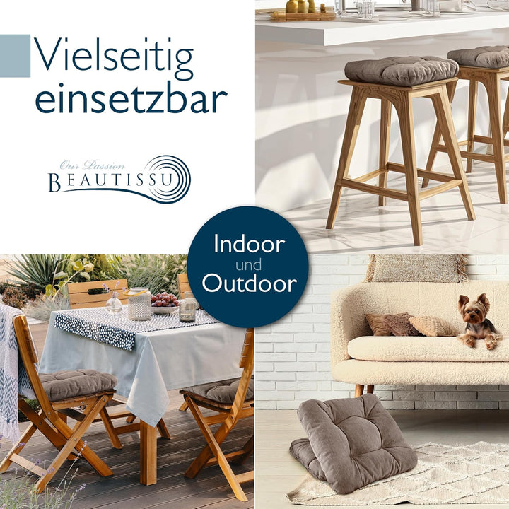 Beautissu 4er Set Premium Stuhlkissen UV-beständig robust für Balkonstühle | 35x35cm Taupe 8cm dick