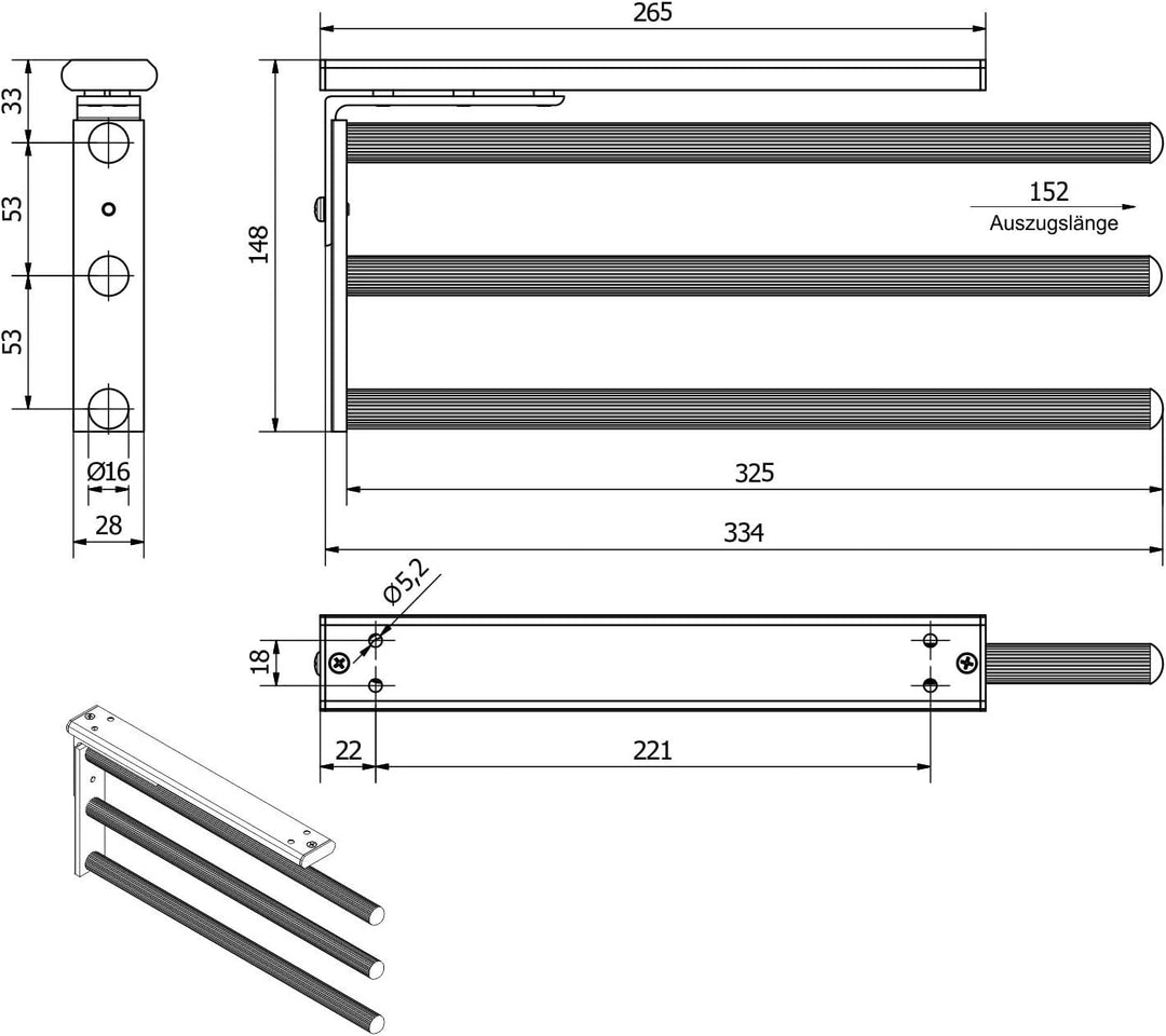SOTECH Aluminium Handtuchhalter TED 3-armig schwarz matt (325-487 mm, ausziehbar, drehbar) Teleskop-