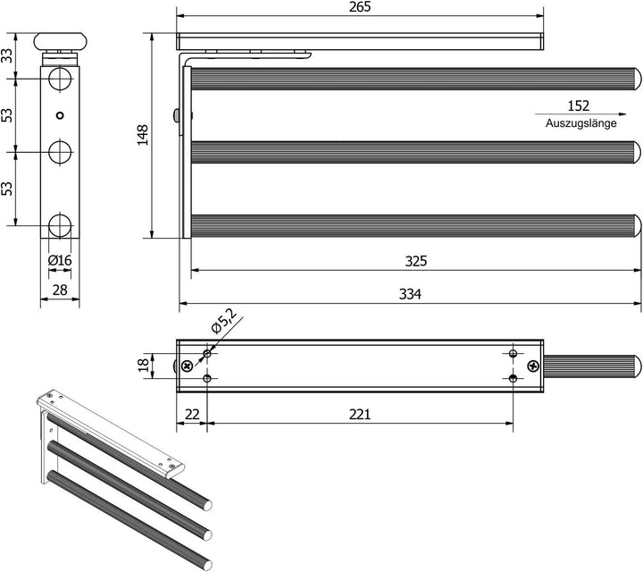 SOTECH 2 Stück Aluminium Handtuchhalter TED 3-armig schwarz matt (325-487 mm, ausziehbar, drehbar) T