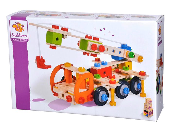 Eichhorn 100039094 Constructor Kranwagen vielseitiges Holzspielzeug, 170 Bauteile, 4 Verschiedene Ko