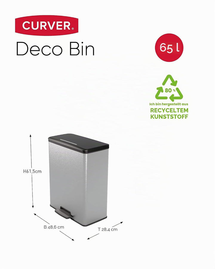 CURVER DECO BIN Mülleimer, Kunststoff, Silber metallic, 65L, Silber metallic