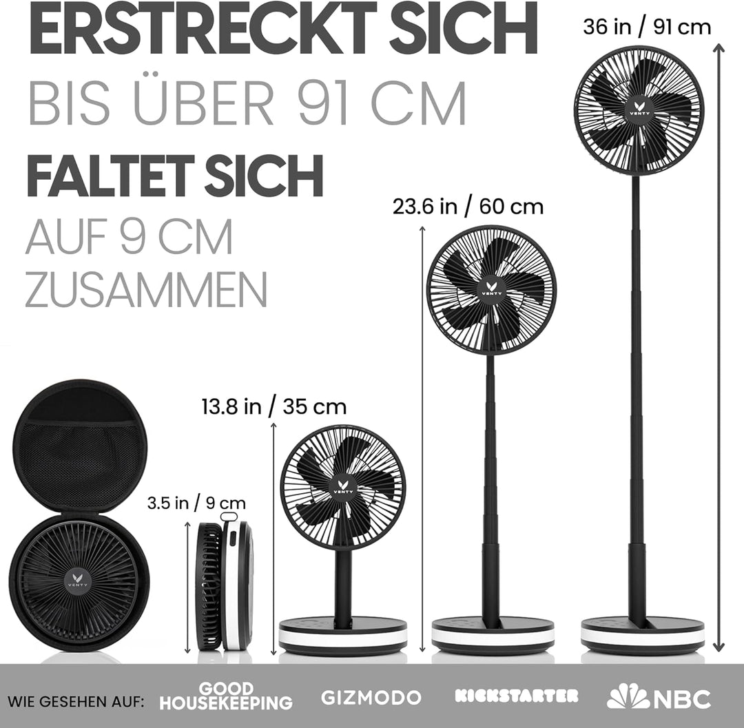 VENTY Tragbarer Ventilator - Faltbarer Ventilator Akku mit Transporttasche, Ladeanschluss und USB-An